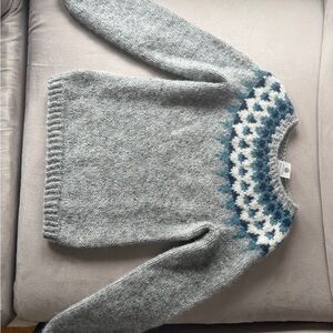 Icelandic hand knit wool sweater -Gray Knit Sweater with Blue and White Pattern